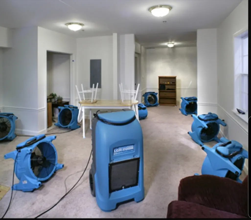 Air movers and dehumidifier setup for Water Damage Restoration in Irvine